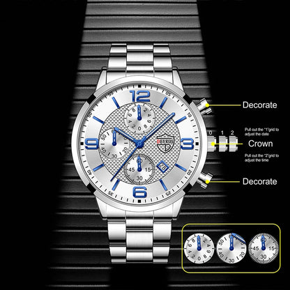 “Luxury Business Men’s Watch - Stainless Steel Quartz, Leather Strap, Luminous & Calendar.”