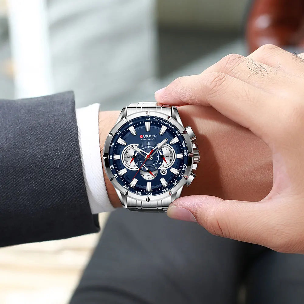 “Casual sport men’s stainless steel watch with big dial, quartz movement, and luminous hands.”