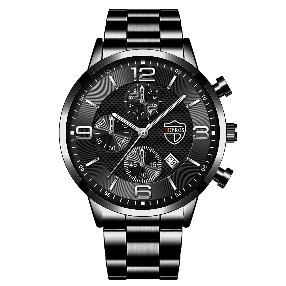 “Luxury Business Men’s Watch - Stainless Steel Quartz, Leather Strap, Luminous & Calendar.”