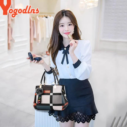 “Luxury women’s plaid handbag, stitching design, shoulder messenger tote, stylish and versatile.”
