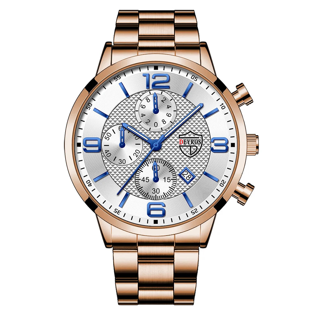 “Luxury Business Men’s Watch - Stainless Steel Quartz, Leather Strap, Luminous & Calendar.”