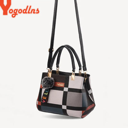 “Luxury women’s plaid handbag, stitching design, shoulder messenger tote, stylish and versatile.”