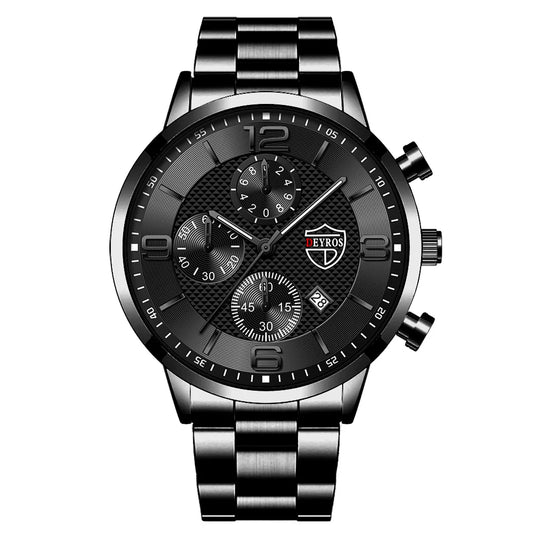 “Luxury Business Men’s Watch - Stainless Steel Quartz, Leather Strap, Luminous & Calendar.”