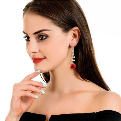 “New Fashion Red Rose Drop Earrings - Vintage Rhinestone Flowers for Weddings & Parties.”