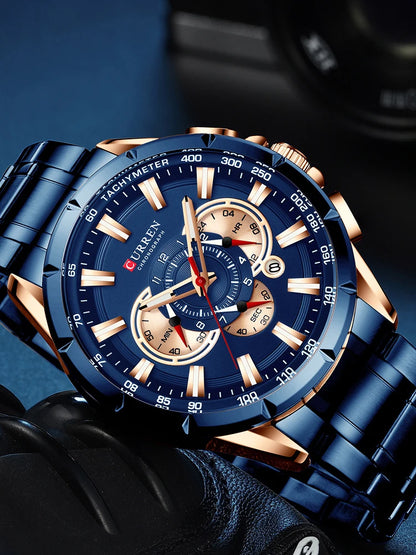 “Casual sport men’s stainless steel watch with big dial, quartz movement, and luminous hands.”