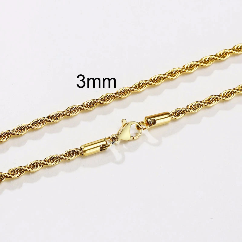 “Men’s Long Rope Necklace - Stainless Steel Minimalist Twist Chain, Gold & Silver.”