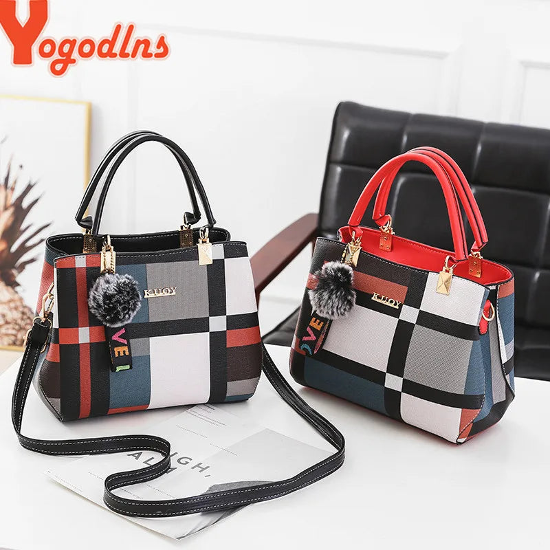 “Luxury women’s plaid handbag, stitching design, shoulder messenger tote, stylish and versatile.”