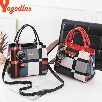 “Luxury women’s plaid handbag, stitching design, shoulder messenger tote, stylish and versatile.”