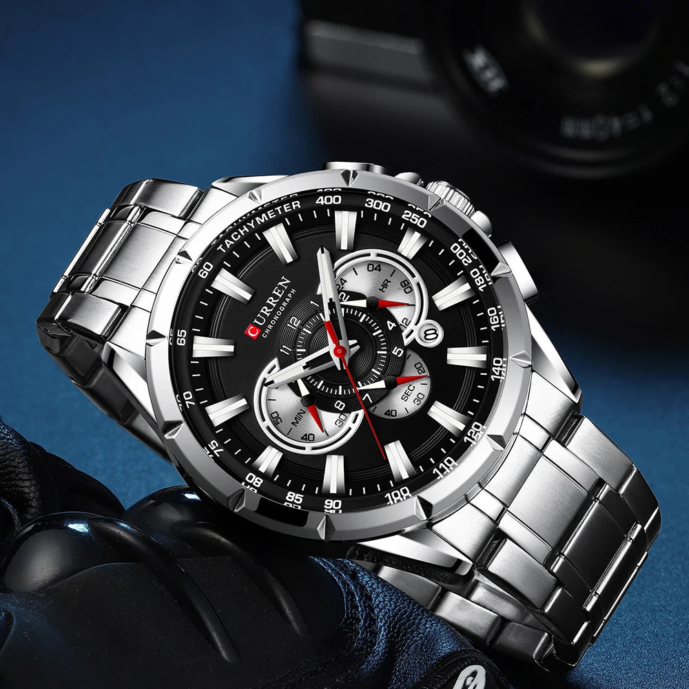 “Casual sport men’s stainless steel watch with big dial, quartz movement, and luminous hands.”