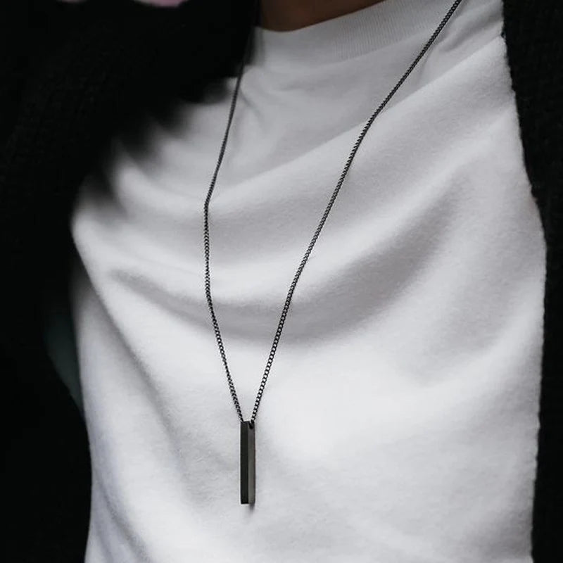 “Hot Classic Rectangle Pendant Necklace for Men - Black Stainless Steel Cuban Chain.”