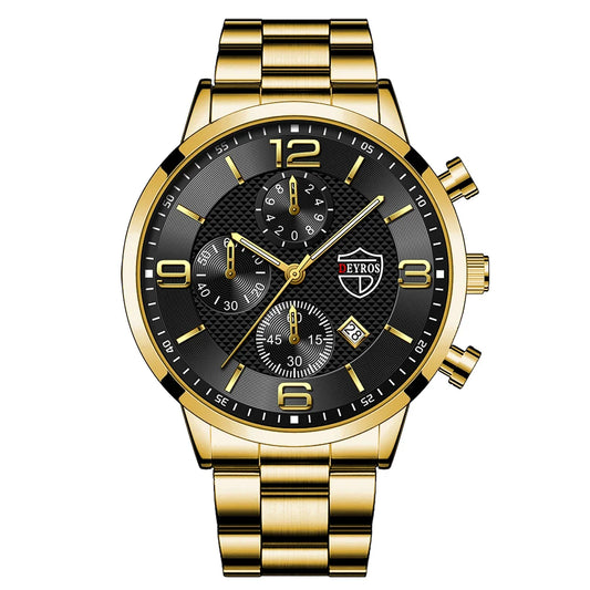 “Luxury Business Men’s Watch - Stainless Steel Quartz, Leather Strap, Luminous & Calendar.”