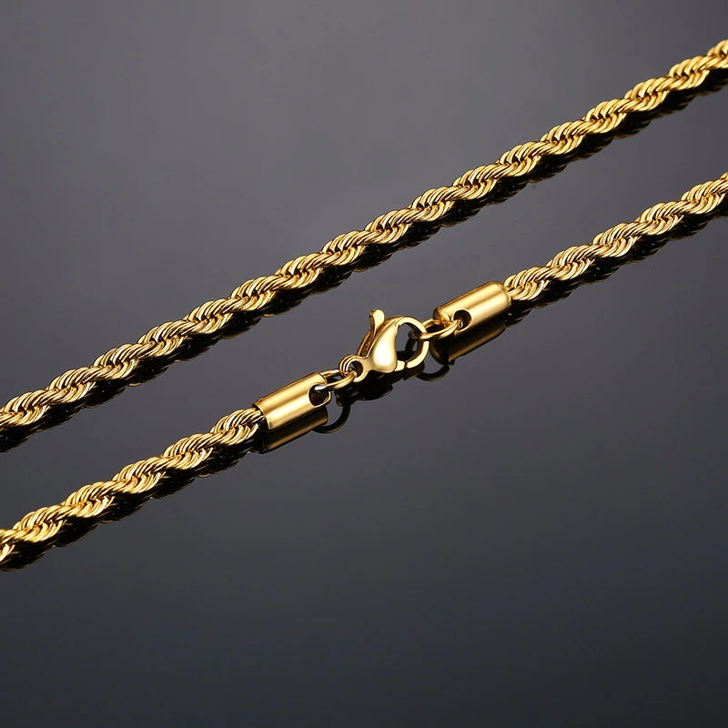 “Men’s Long Rope Necklace - Stainless Steel Minimalist Twist Chain, Gold & Silver.”