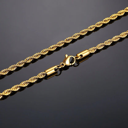 “Men’s Long Rope Necklace - Stainless Steel Minimalist Twist Chain, Gold & Silver.”