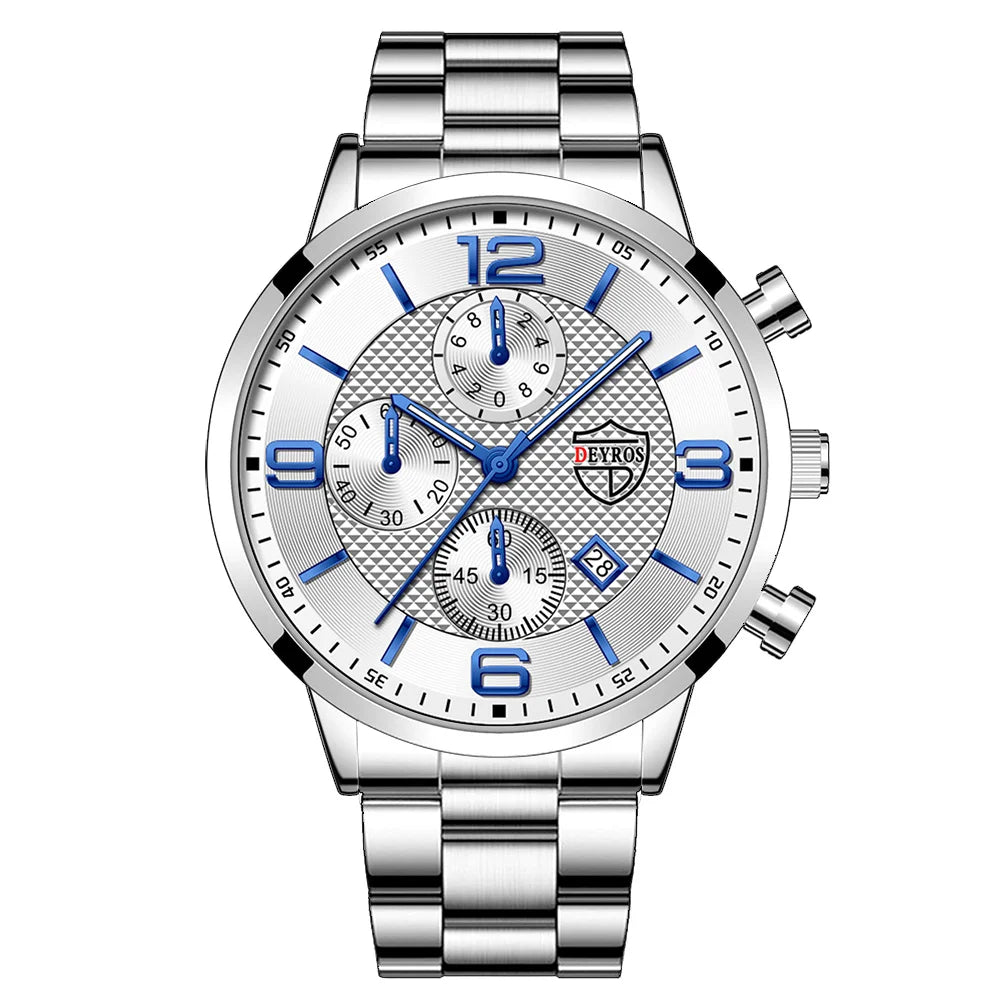 “Luxury Business Men’s Watch - Stainless Steel Quartz, Leather Strap, Luminous & Calendar.”