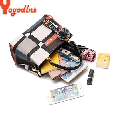 “Luxury women’s plaid handbag, stitching design, shoulder messenger tote, stylish and versatile.”
