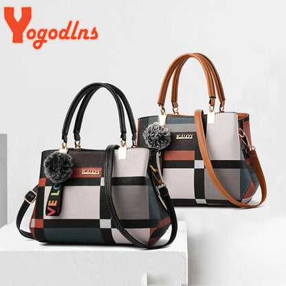 “Luxury women’s plaid handbag, stitching design, shoulder messenger tote, stylish and versatile.”