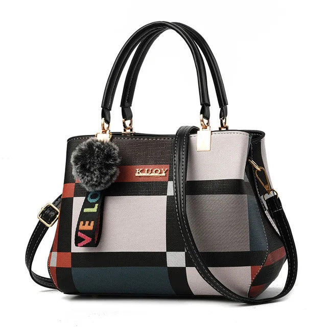 “Luxury women’s plaid handbag, stitching design, shoulder messenger tote, stylish and versatile.”