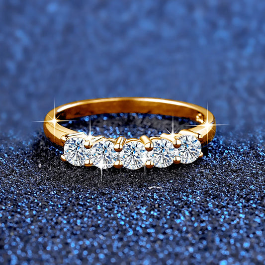 “Original 18K gold moissanite ring, 5 stones, stamped luxury engagement jewelry.”