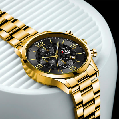 “Luxury Business Men’s Watch - Stainless Steel Quartz, Leather Strap, Luminous & Calendar.”