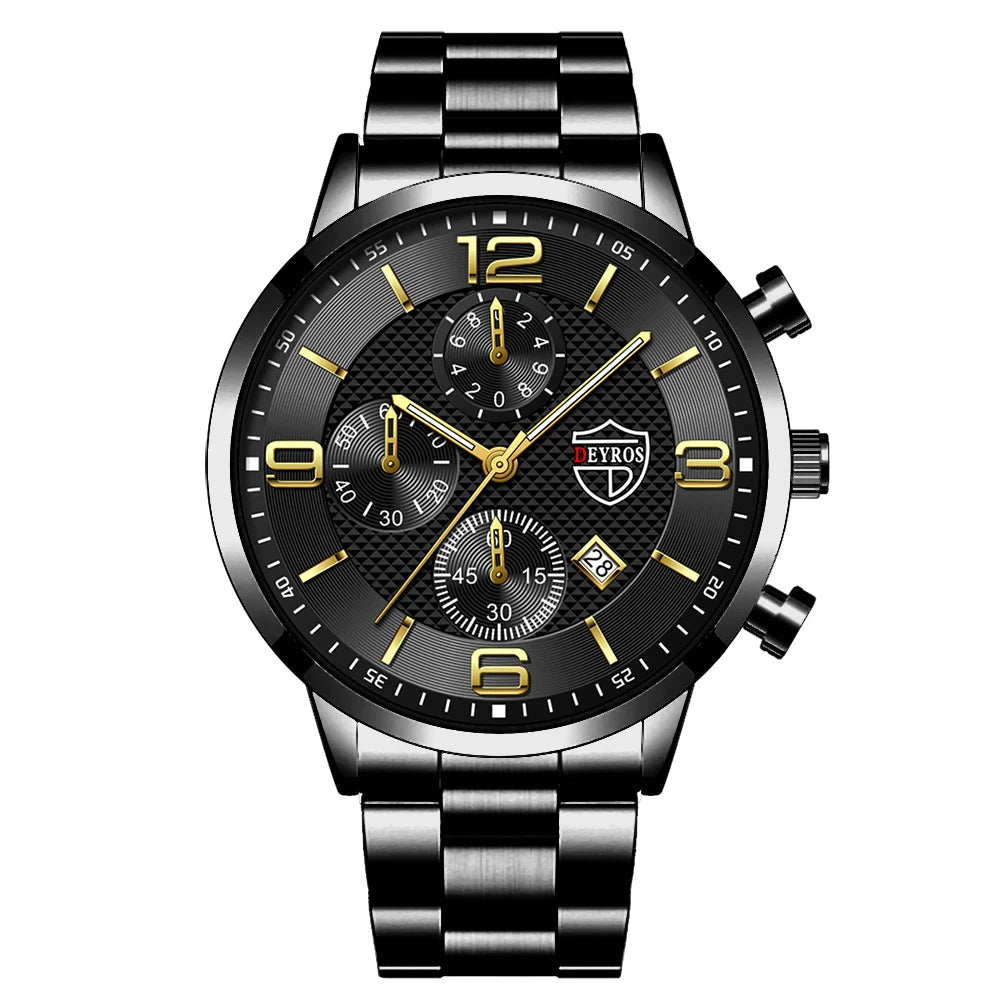 “Luxury Business Men’s Watch - Stainless Steel Quartz, Leather Strap, Luminous & Calendar.”