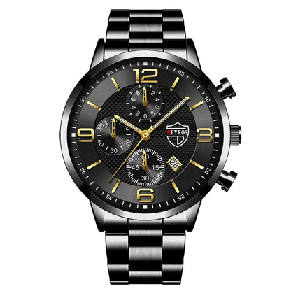 “Luxury Business Men’s Watch - Stainless Steel Quartz, Leather Strap, Luminous & Calendar.”