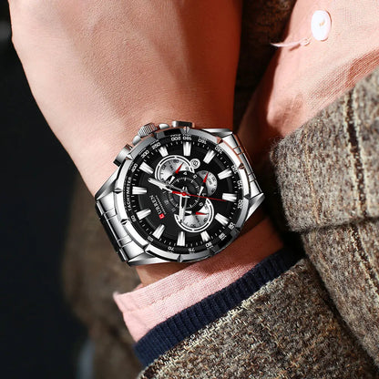 “Casual sport men’s stainless steel watch with big dial, quartz movement, and luminous hands.”