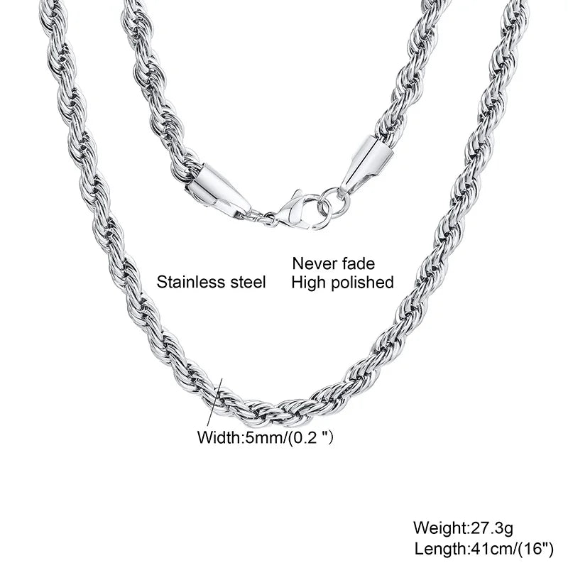 “Men’s Long Rope Necklace - Stainless Steel Minimalist Twist Chain, Gold & Silver.”