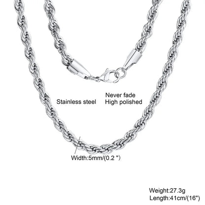 “Men’s Long Rope Necklace - Stainless Steel Minimalist Twist Chain, Gold & Silver.”