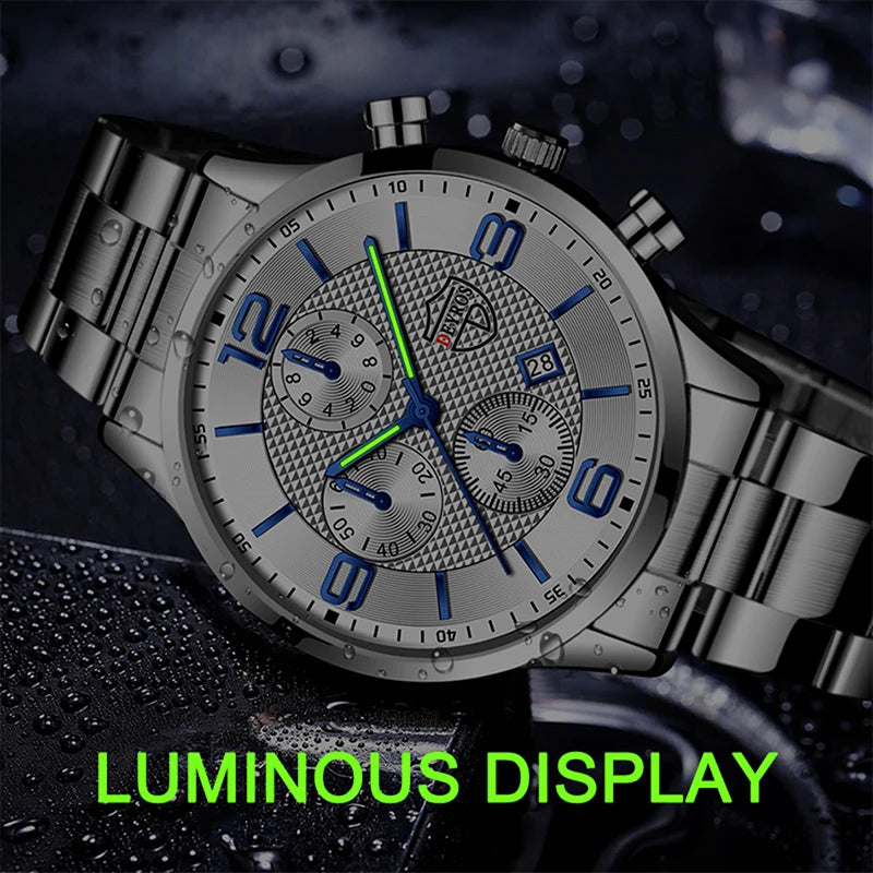 “Luxury Business Men’s Watch - Stainless Steel Quartz, Leather Strap, Luminous & Calendar.”