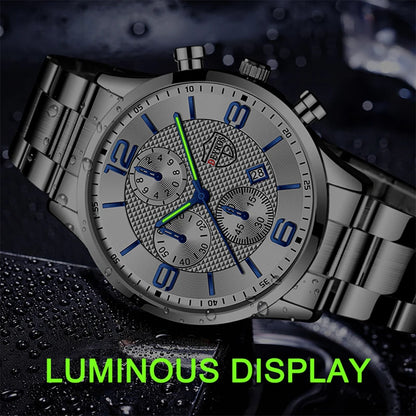 “Luxury Business Men’s Watch - Stainless Steel Quartz, Leather Strap, Luminous & Calendar.”