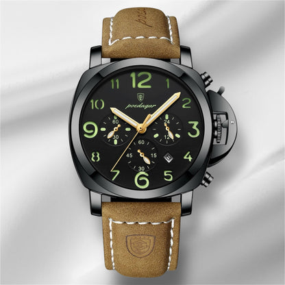 “Luxury military men’s watch, waterproof, luminous, leather strap, quartz, high quality.”