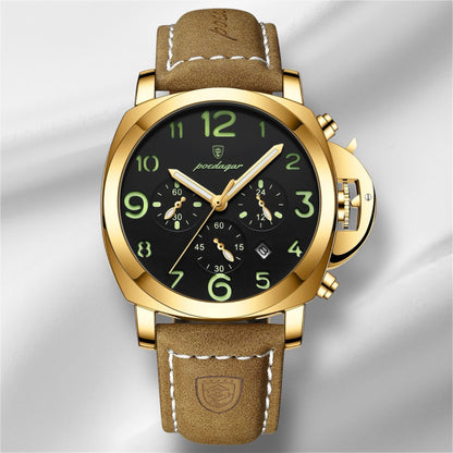 “Luxury military men’s watch, waterproof, luminous, leather strap, quartz, high quality.”