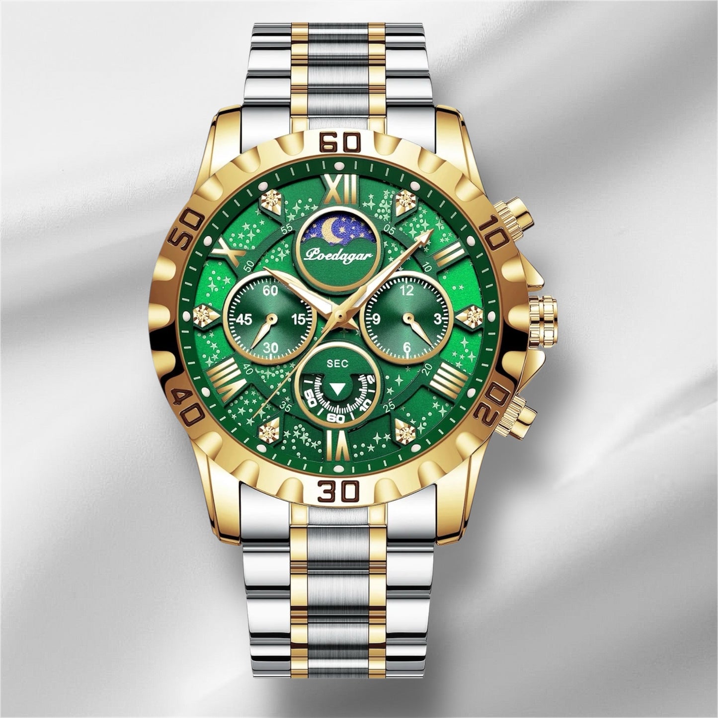 “Luxury men’s quartz sports watch, waterproof, luminous, stainless steel chronograph.”