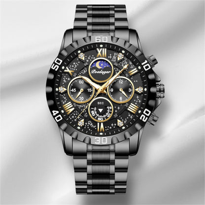 “Luxury men’s quartz sports watch, waterproof, luminous, stainless steel chronograph.”