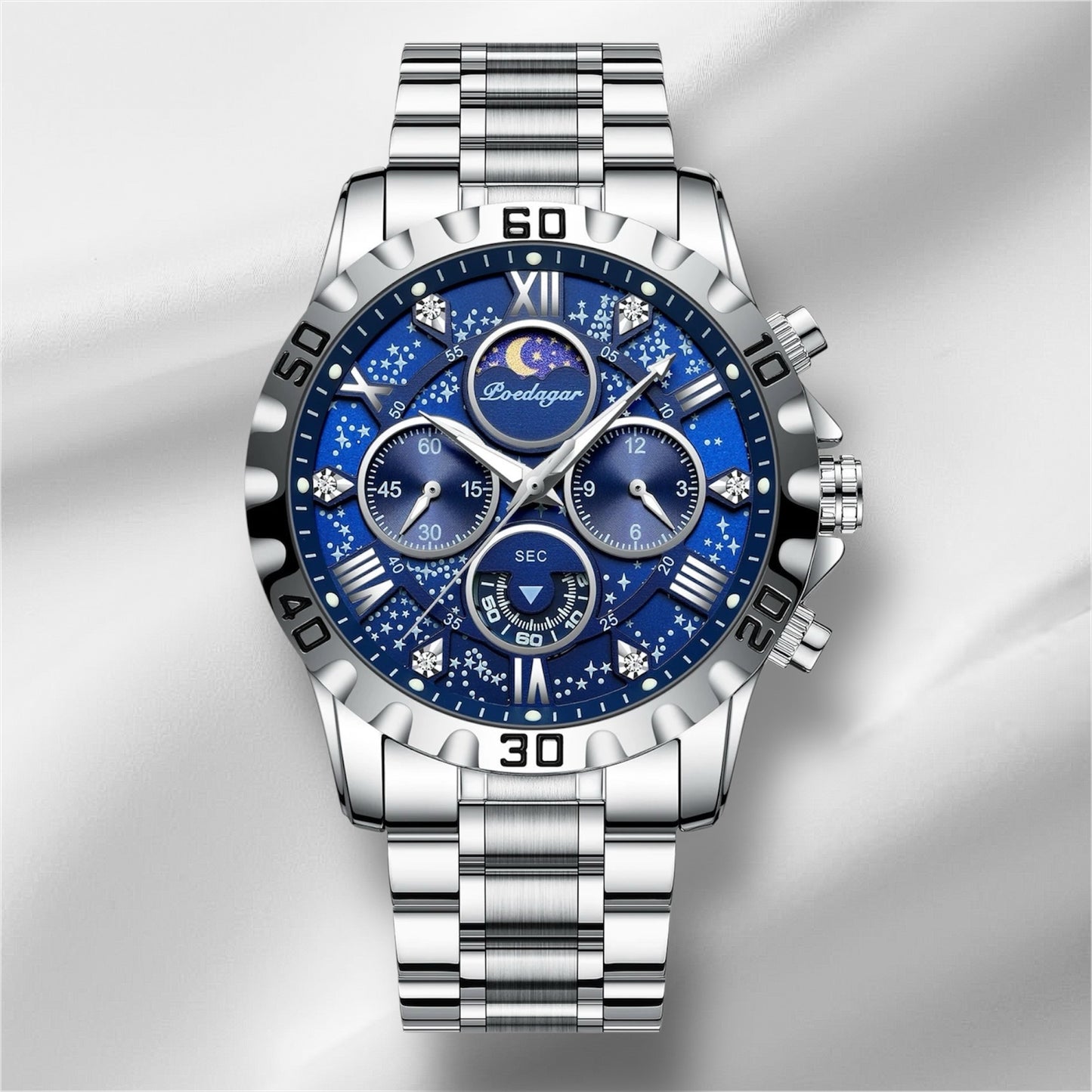 “Luxury men’s quartz sports watch, waterproof, luminous, stainless steel chronograph.”