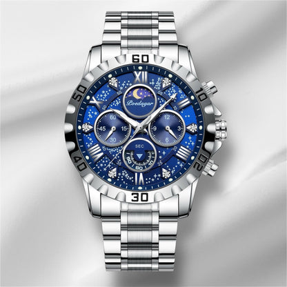 “Luxury men’s quartz sports watch, waterproof, luminous, stainless steel chronograph.”