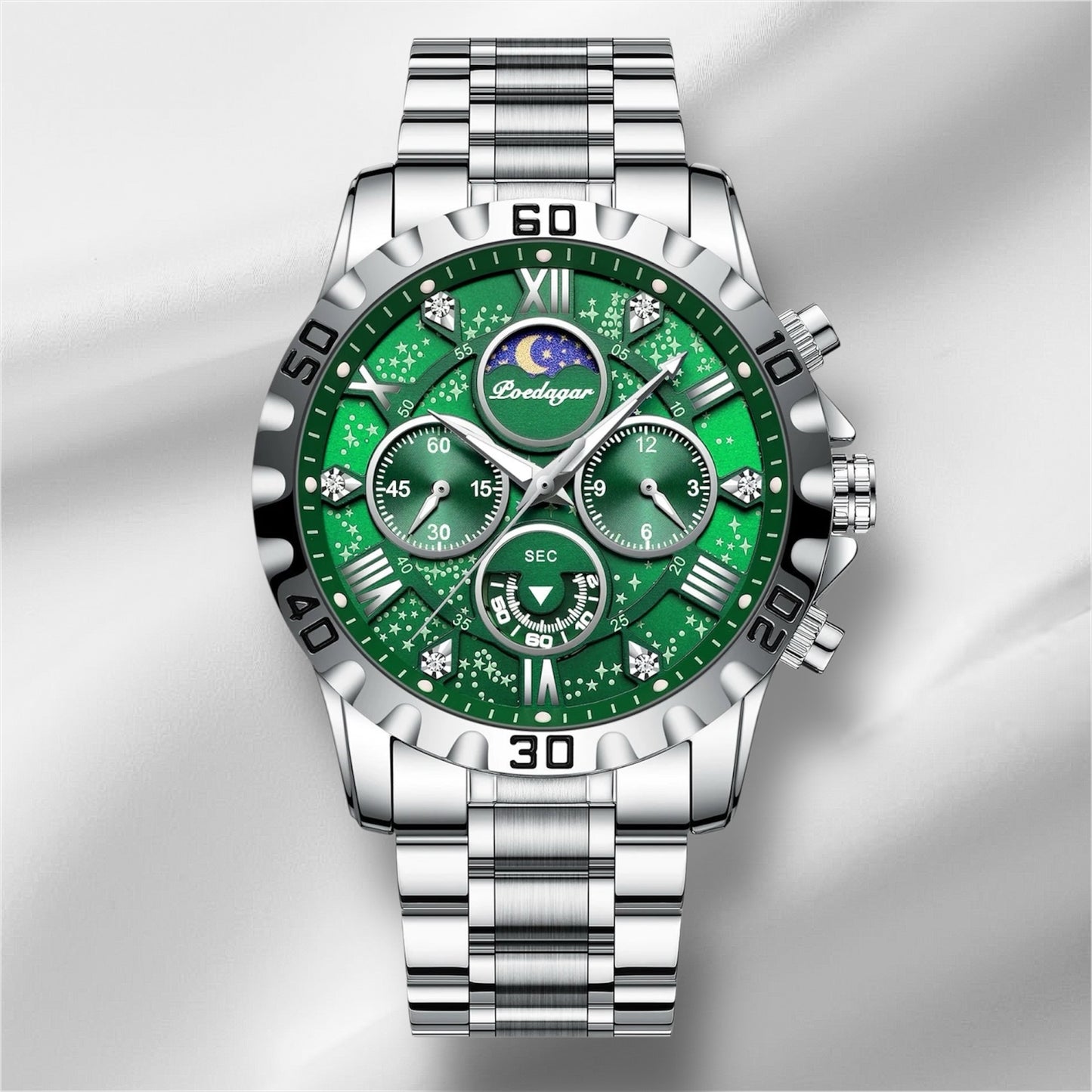 “Luxury men’s quartz sports watch, waterproof, luminous, stainless steel chronograph.”