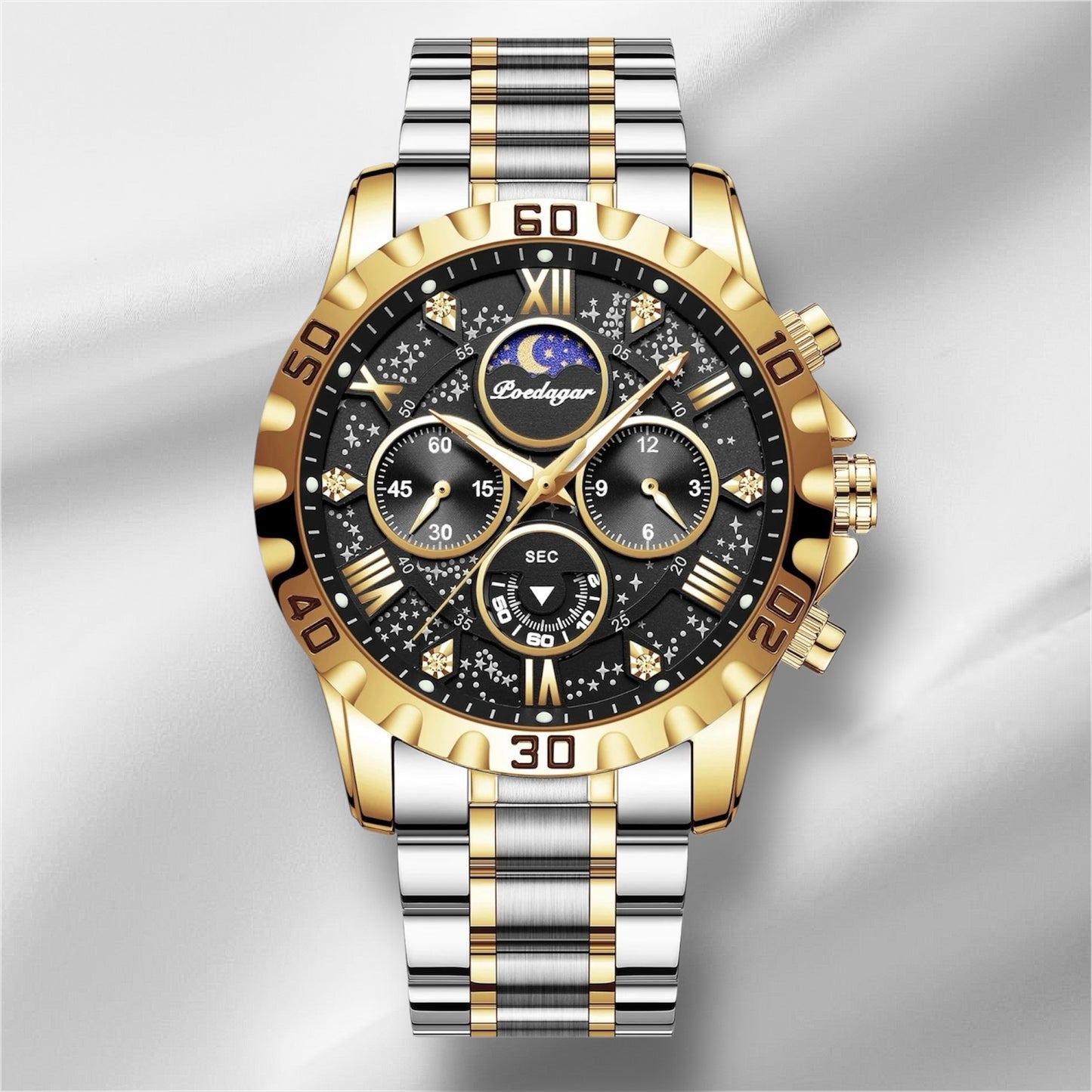 “Luxury men’s quartz sports watch, waterproof, luminous, stainless steel chronograph.”
