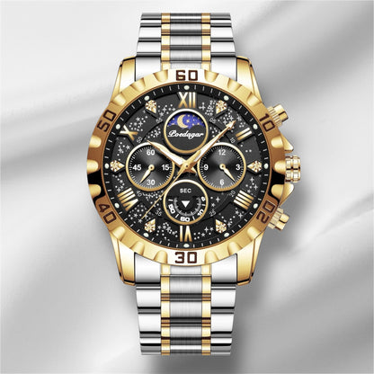 “Luxury men’s quartz sports watch, waterproof, luminous, stainless steel chronograph.”