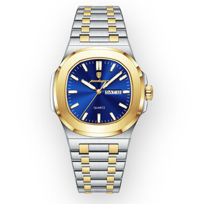 “Luxury military square men’s watch, waterproof, luminous date/week, stainless steel quartz.”
