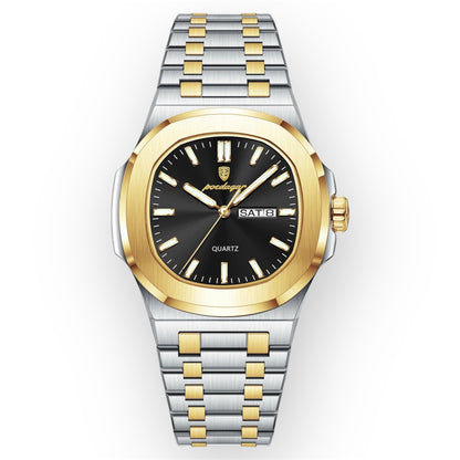 “Luxury military square men’s watch, waterproof, luminous date/week, stainless steel quartz.”