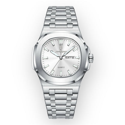 “Luxury military square men’s watch, waterproof, luminous date/week, stainless steel quartz.”