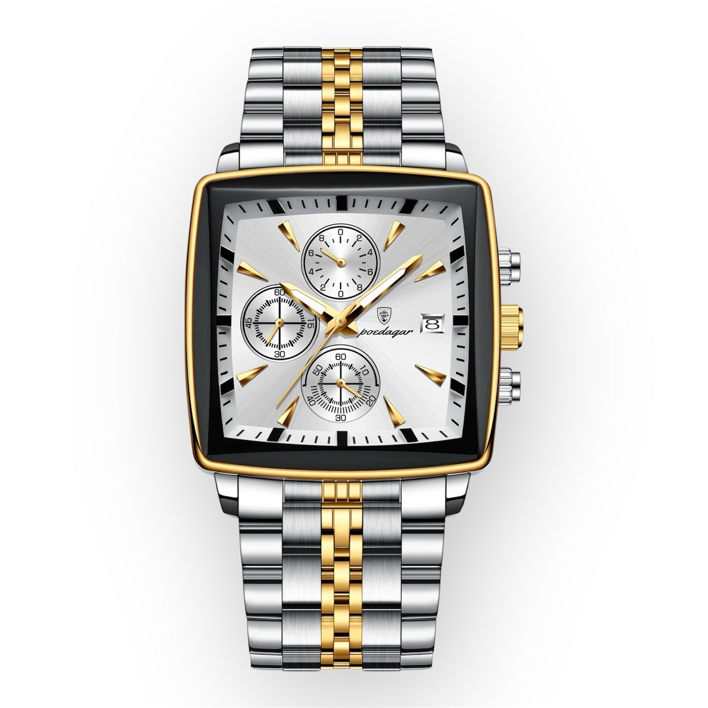 “Luxury waterproof square sport men’s watch with luminous chronograph, quartz, stainless steel.”