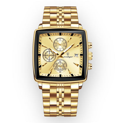 “Luxury waterproof square sport men’s watch with luminous chronograph, quartz, stainless steel.”