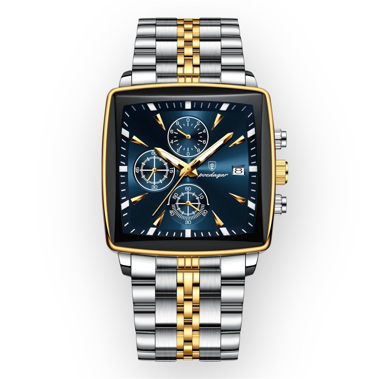 “Luxury waterproof square sport men’s watch with luminous chronograph, quartz, stainless steel.”
