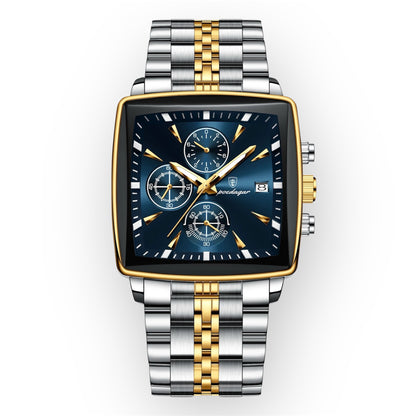 “Luxury waterproof square sport men’s watch with luminous chronograph, quartz, stainless steel.”