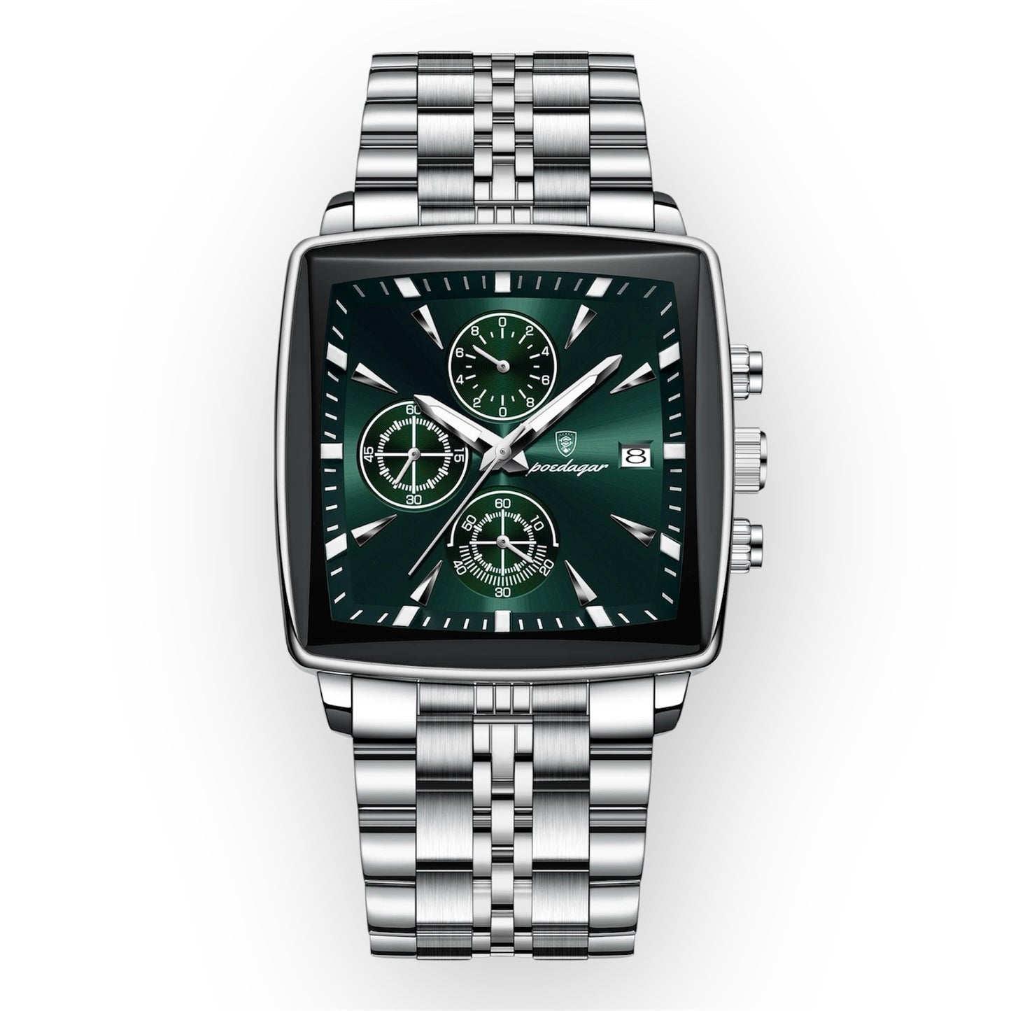 “Luxury waterproof square sport men’s watch with luminous chronograph, quartz, stainless steel.”