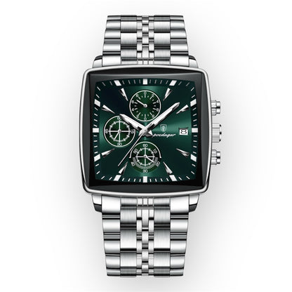 “Luxury waterproof square sport men’s watch with luminous chronograph, quartz, stainless steel.”