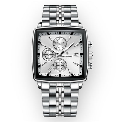 “Luxury waterproof square sport men’s watch with luminous chronograph, quartz, stainless steel.”