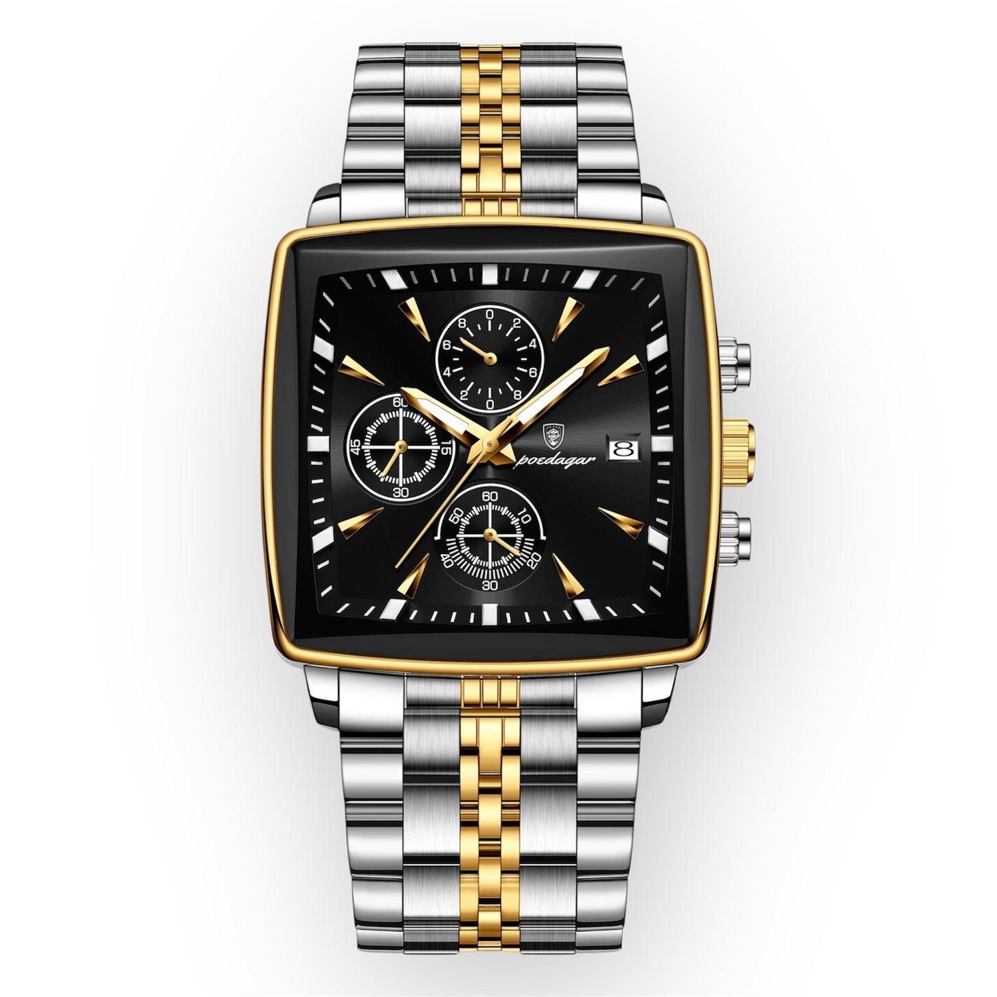 “Luxury waterproof square sport men’s watch with luminous chronograph, quartz, stainless steel.”